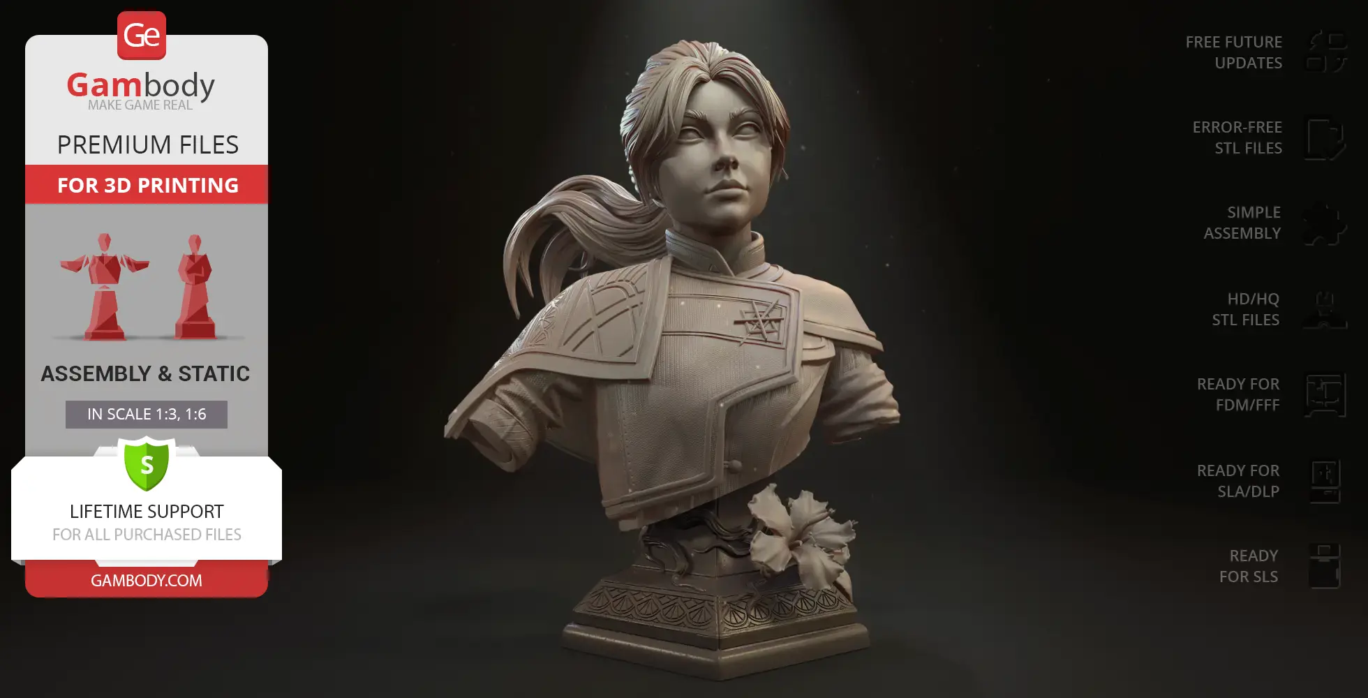 A detailed bust of a female character with a ponytail, wearing intricate armor, mounted on a decorative base.