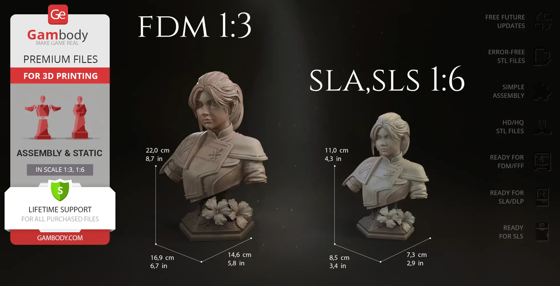 A detailed sci-fi female bust with floral base, available in 1:3 and 1:6 scales for 3D printing.