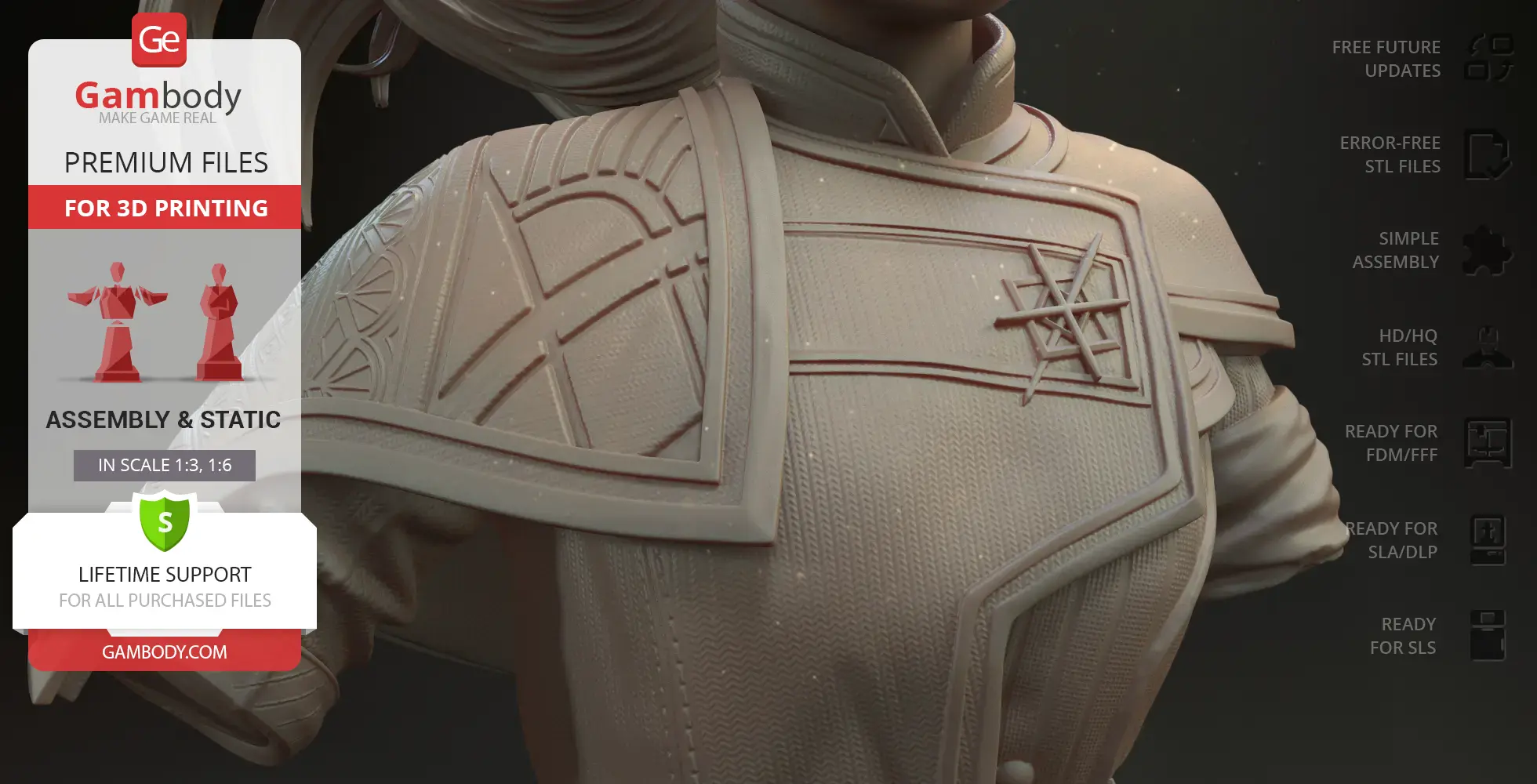 Bust of a character wearing detailed, geometric armor with intricate patterns and shoulder designs.