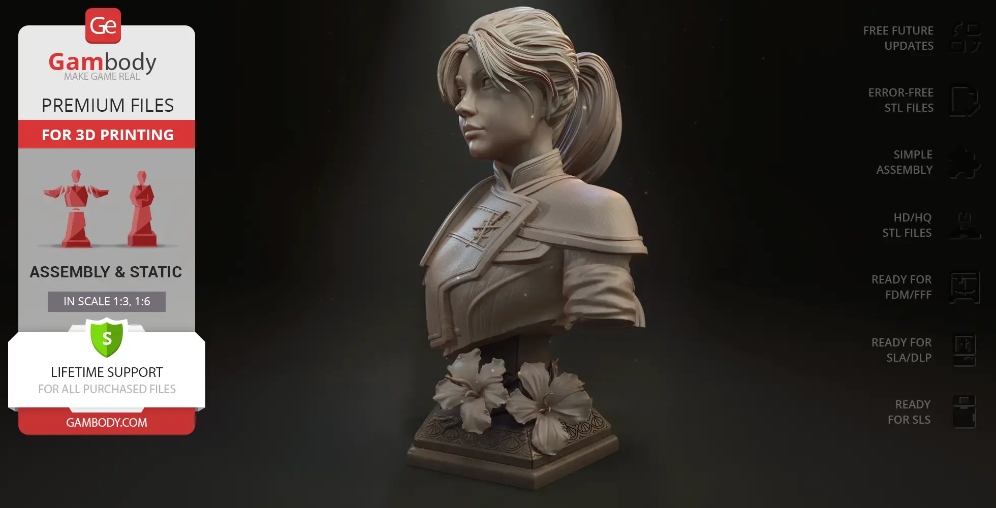 Bust of a female character wearing detailed armor with flowers on the base, set against a dark background.