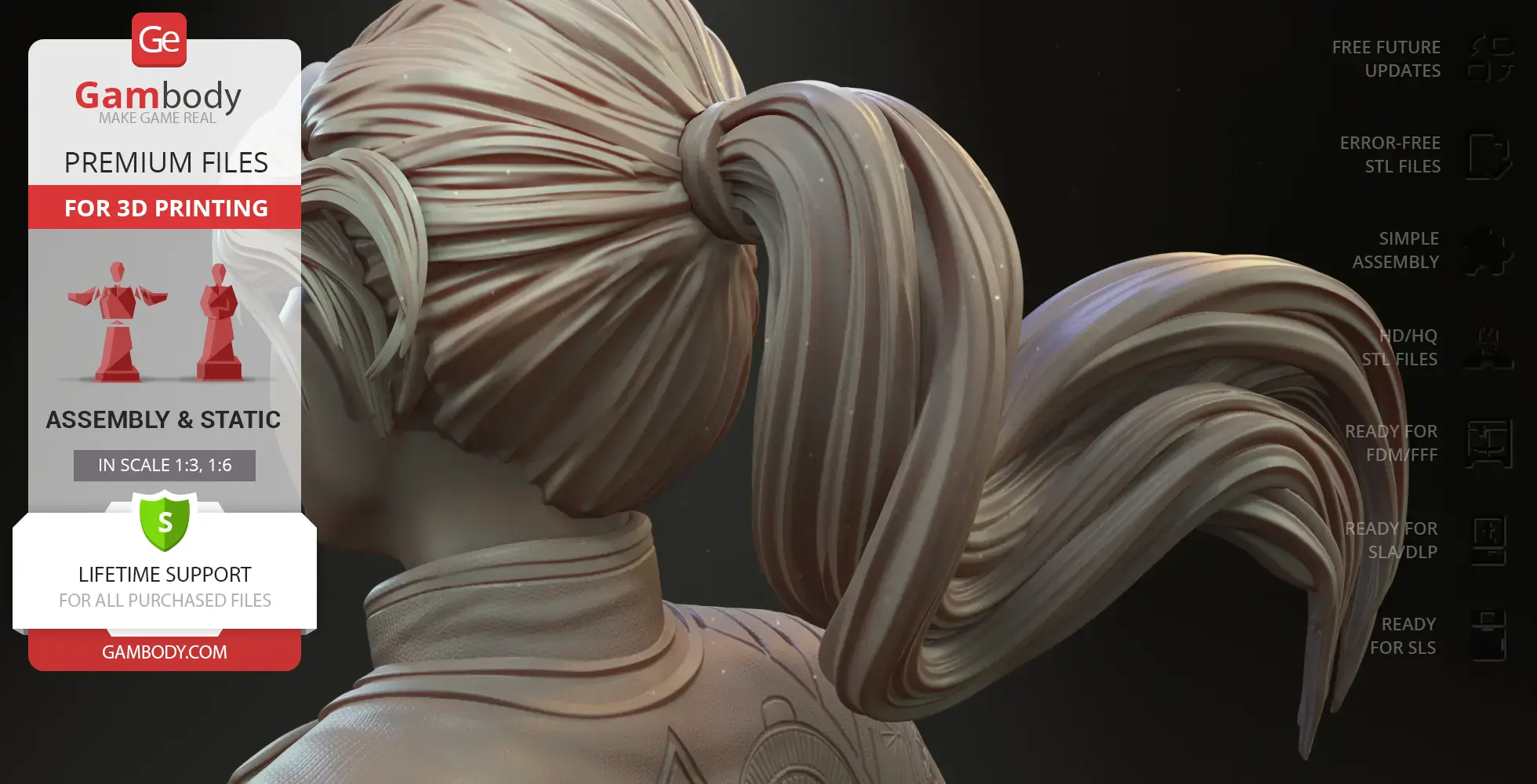 3D bust of a character with detailed hair in a ponytail; suitable for 3D printing in various scales.