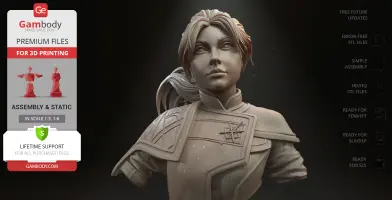 A detailed 3D bust of a woman with a confident expression, wearing a futuristic garment and ponytail.