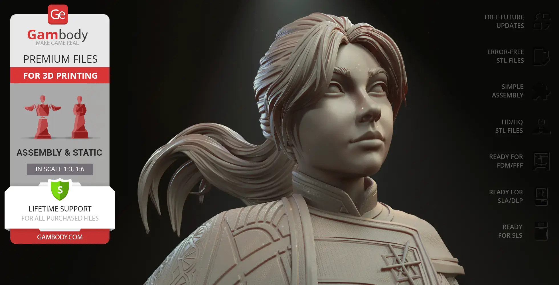A detailed 3D bust of a character with flowing hair and ornate armor, ready for 3D printing.