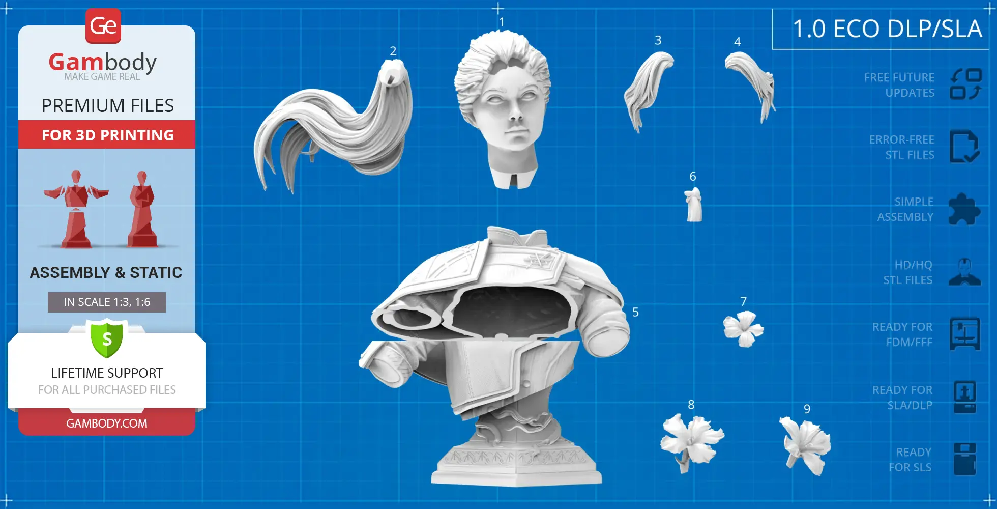 3D bust model parts for Maelle Expedition, including head, hair, torso, and floral decorations.