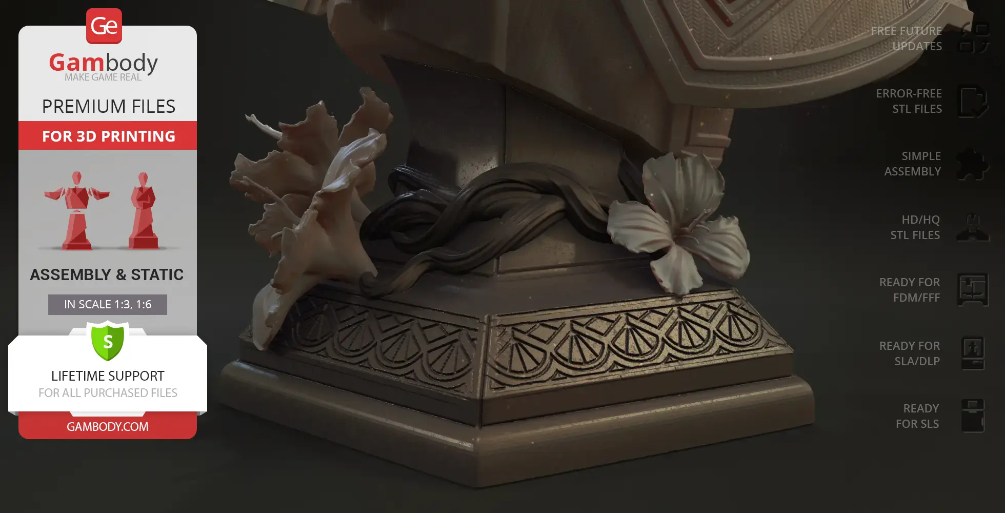 A detailed base of a 3D bust model with ornate patterns, flowers, and braided elements.