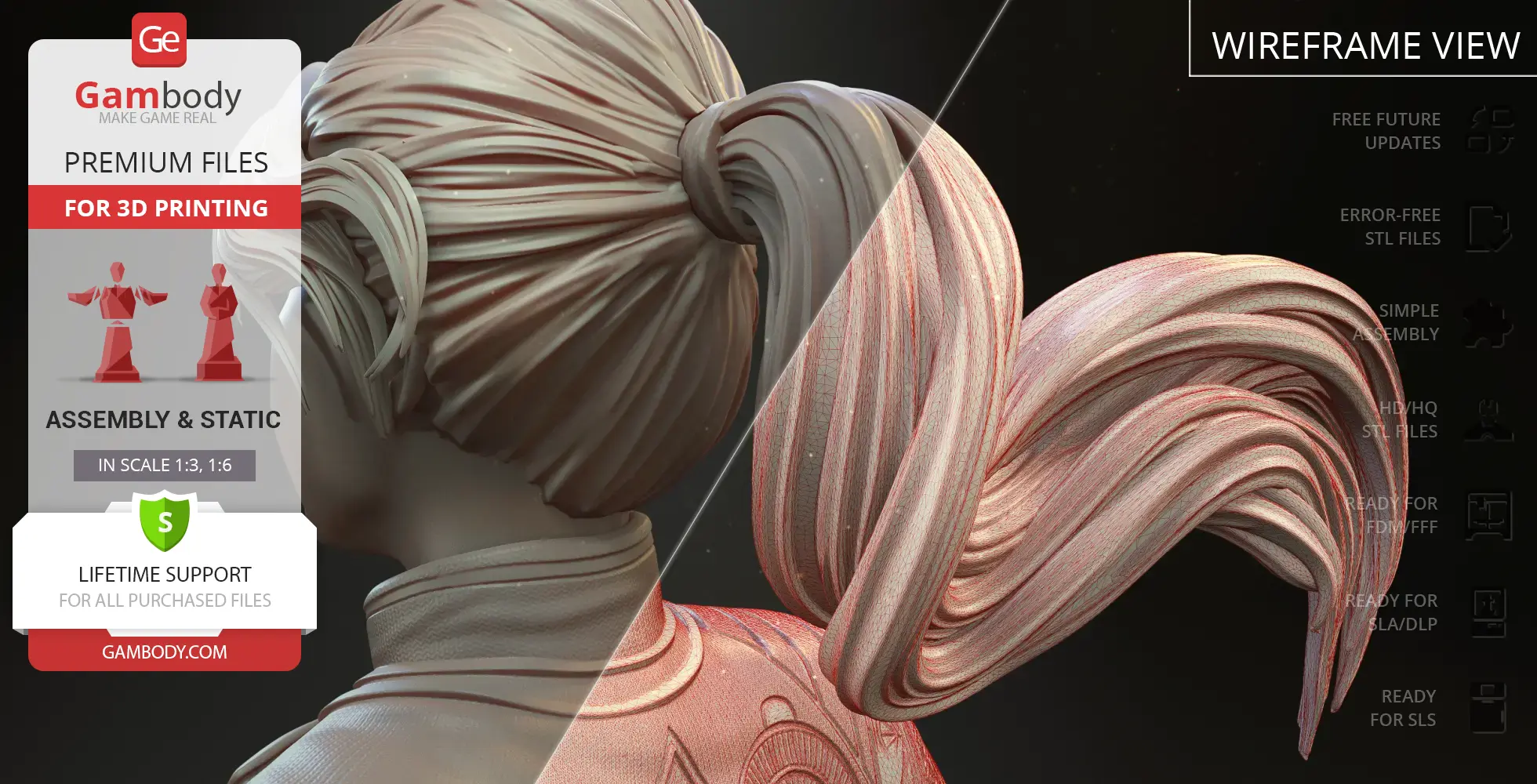 Bust of a character with detailed hair, showcasing a ponytail in wireframe and solid view for 3D printing.