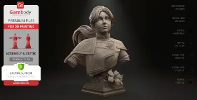 A detailed bust of a female character with a ponytail, wearing intricate armor, mounted on a decorative base.