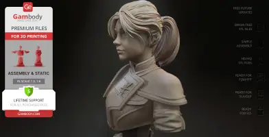 Bust of a woman with detailed attire and tied-back hair, designed for 3D printing.