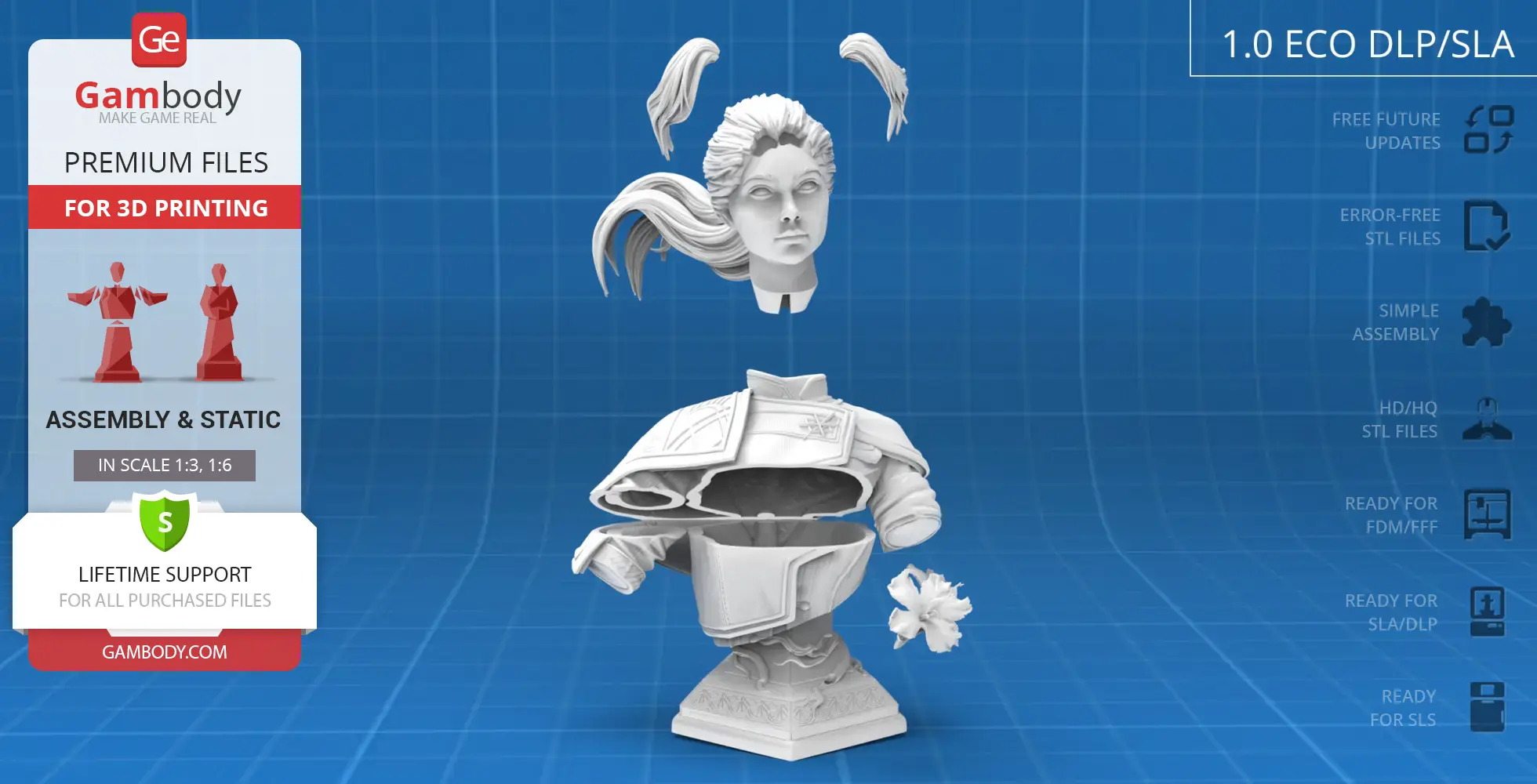 A segmented female bust showing intricate armor detail and flowing hair, designed for 3D printing.