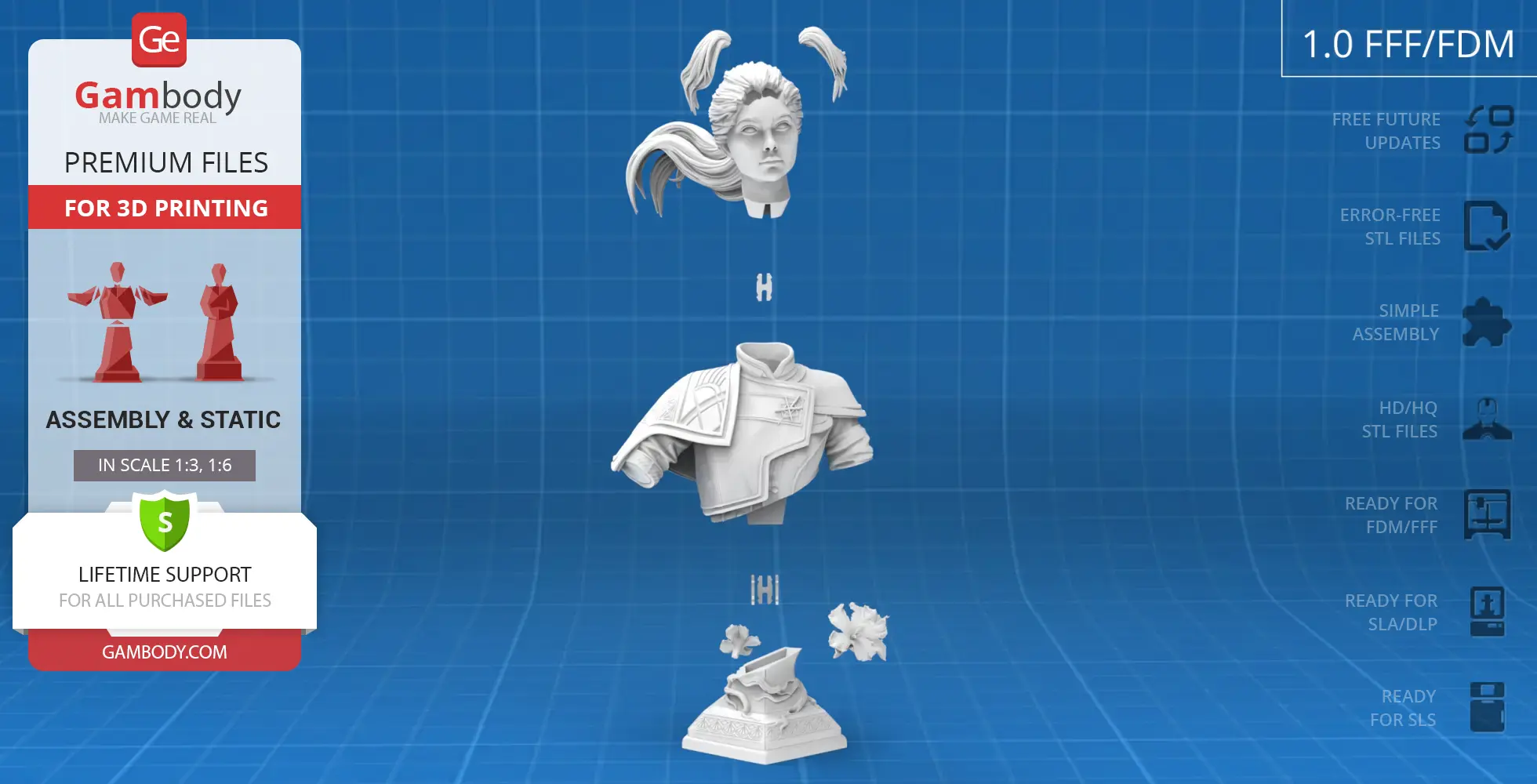 A 3D printable bust model with modular head, torso, and base parts, set against a blue grid background.