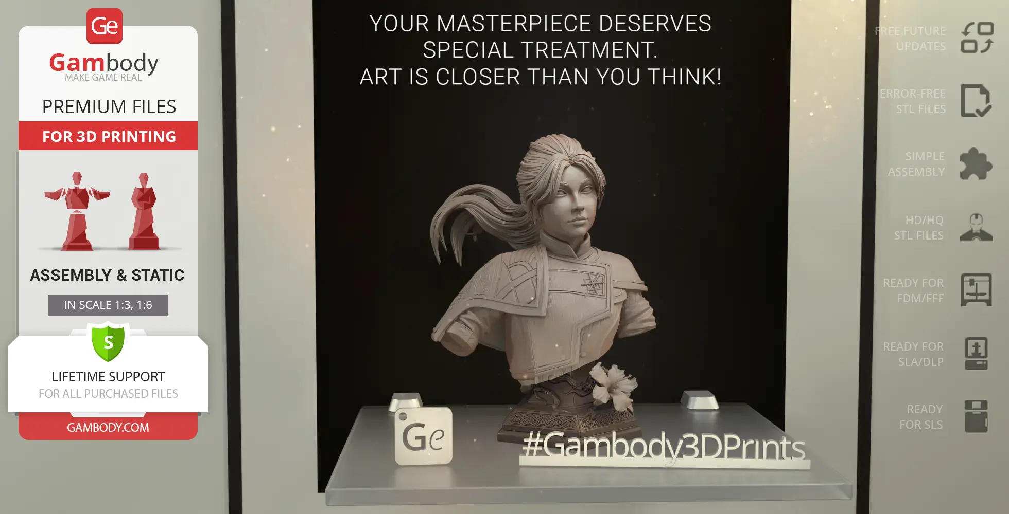 Female bust with intricate armor design, wind-swept hair, displayed for 3D printing on Gambody platform.