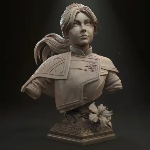 Bust of a warrior with a ponytail, wearing detailed armor with floral decoration on the base.