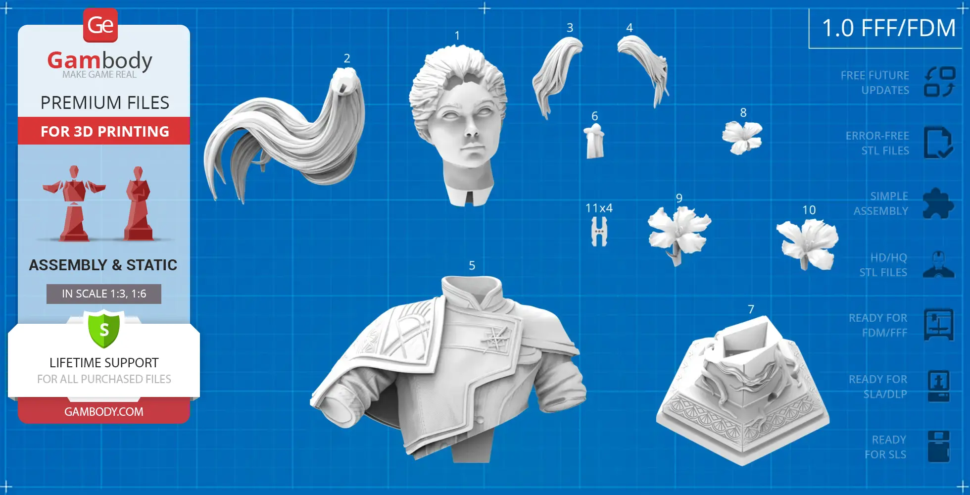 Bust model of a character with ornate hair and clothing pieces for 3D printing.