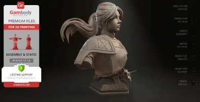 A detailed 3D bust of a woman in armor with intricate designs and a ponytail, suitable for 3D printing.