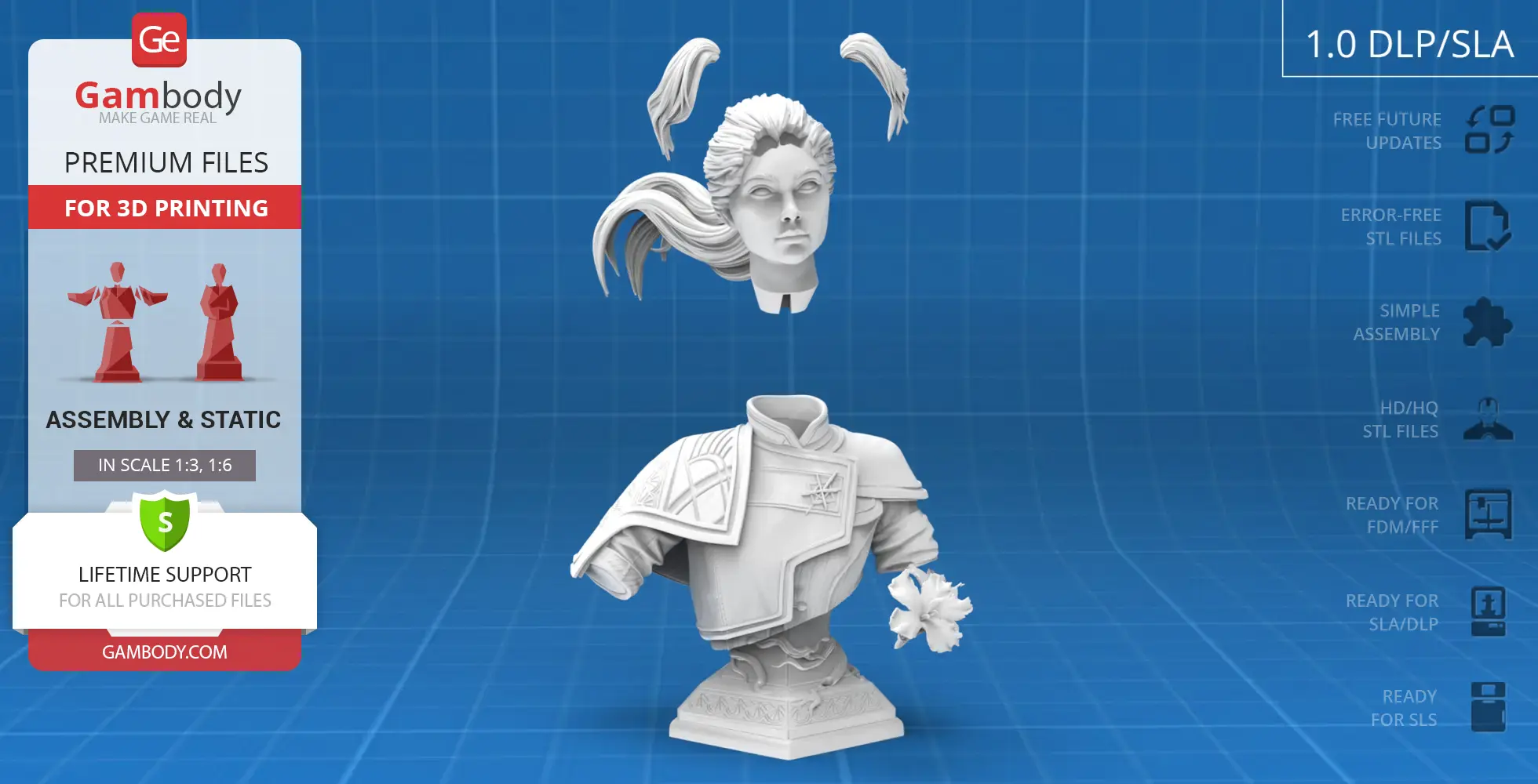 Bust of a character with detachable head and hair parts, featuring detailed clothing and a flower in hand.