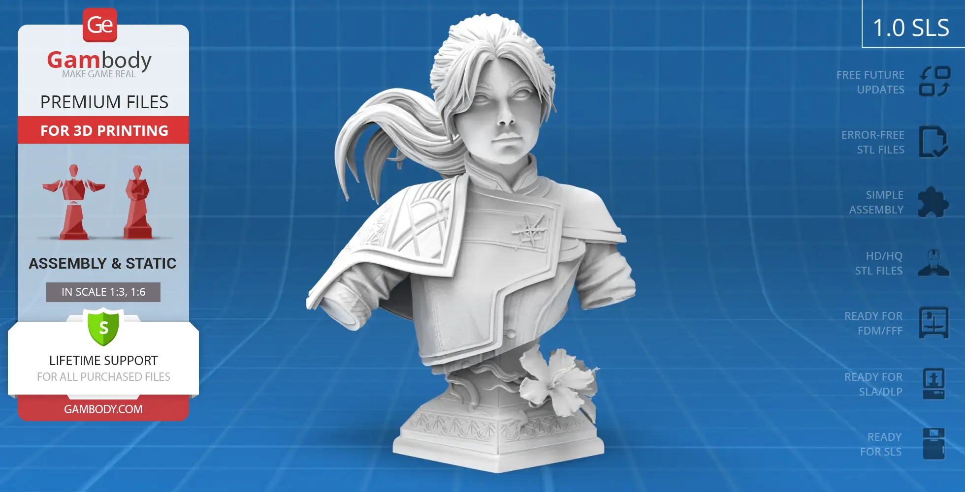 A detailed 3D bust of a character with long flowing hair and ornate clothing.
