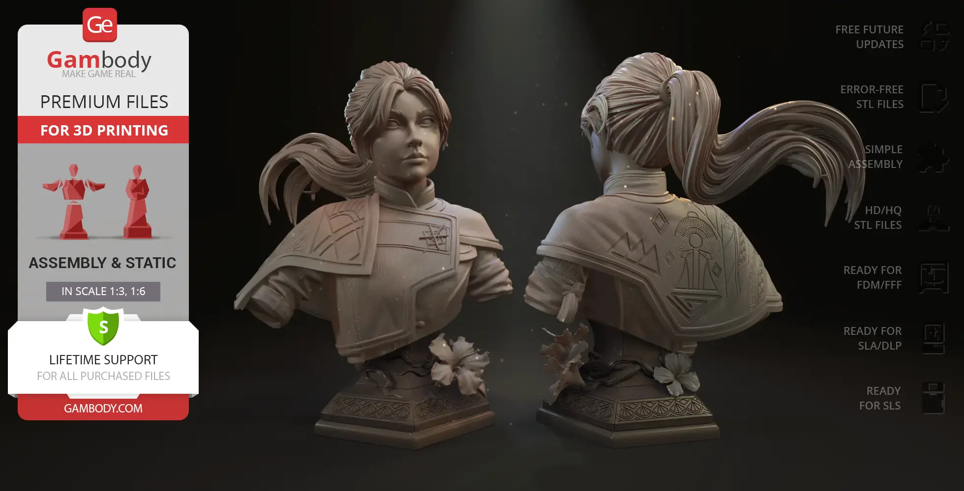Bust of a ponytailed female character in detailed armor with floral base, suitable for 3D printing.