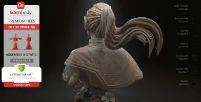 3D bust of a character with long, flowing hair and patterned cloak, viewed from the back.