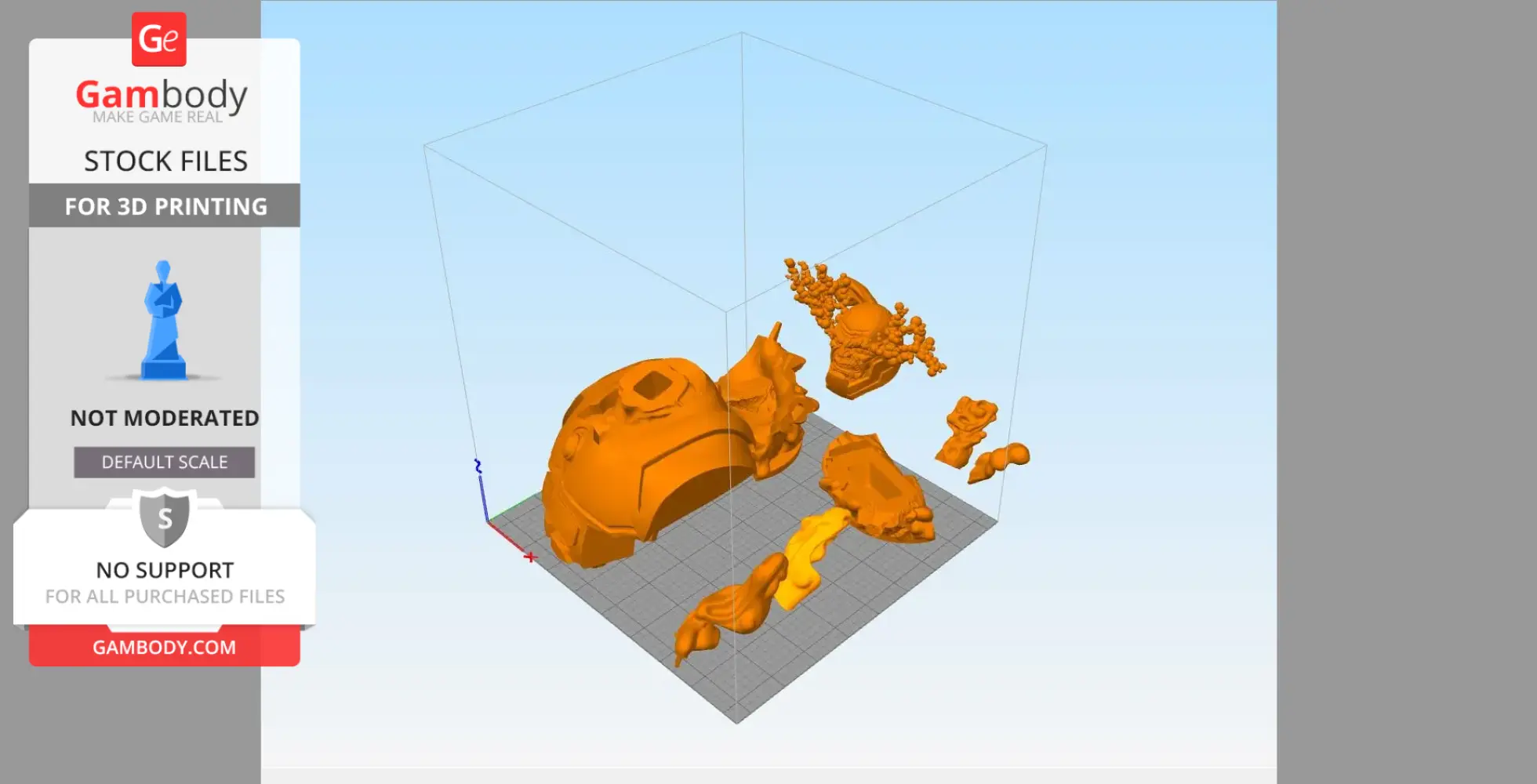 3D model parts for Superman vs. Darkseid scene on a printing platform, viewed in slicing software.