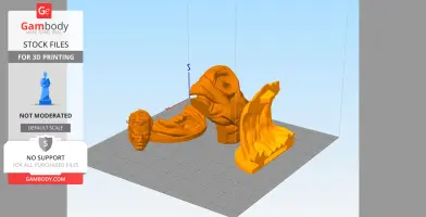 Orange 3D model parts of two characters with a rocky base on a digital grid for 3D printing.