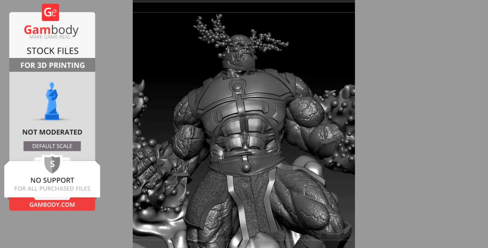 A 3D model of a muscular, armored figure with protruding energy beams from its eyes.