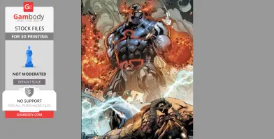 A powerful armored character with glowing eyes stands over a fallen figure, surrounded by fire and smoke.