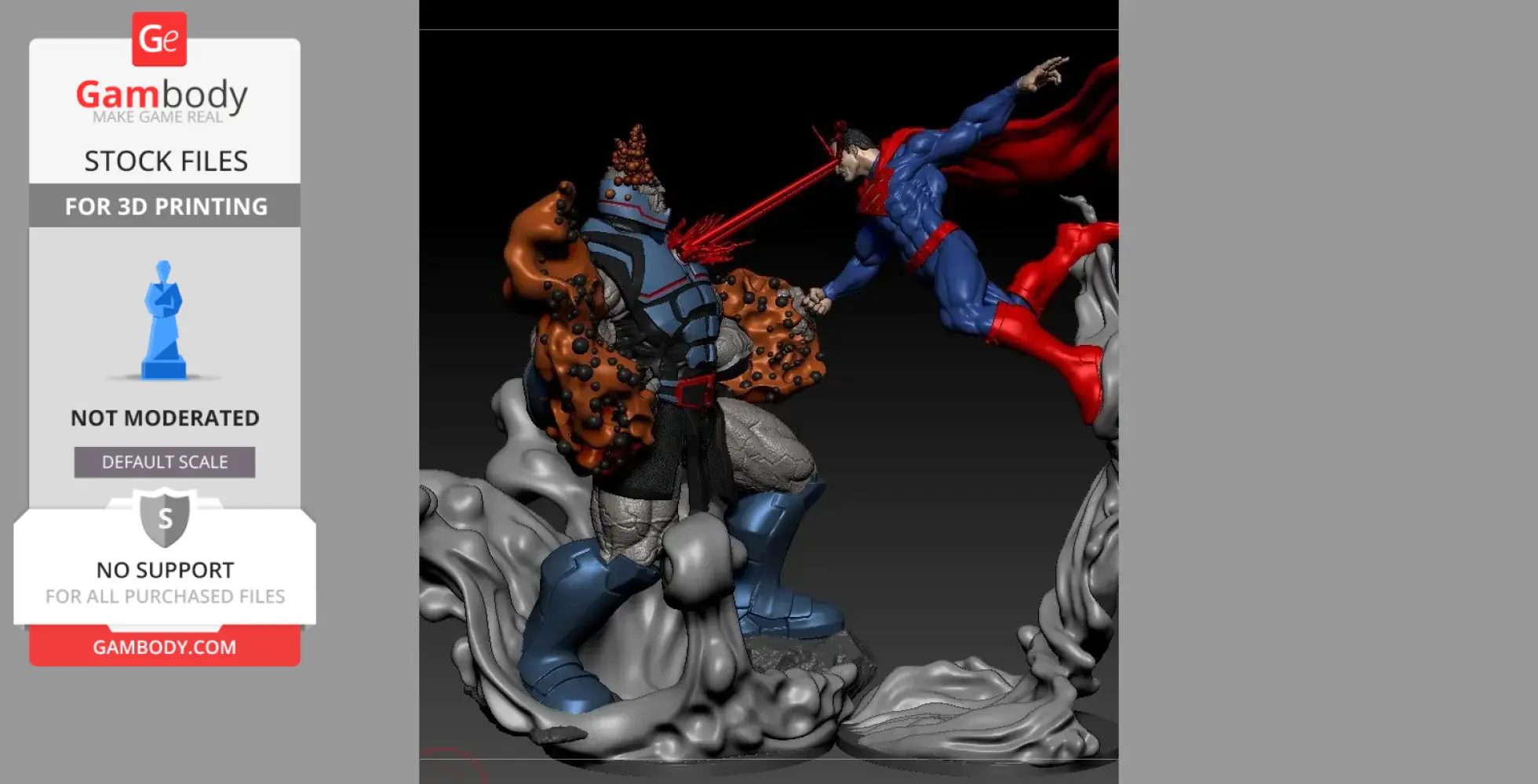 A dynamic 3D model showing a superhero shooting laser beams at a large armored villain.