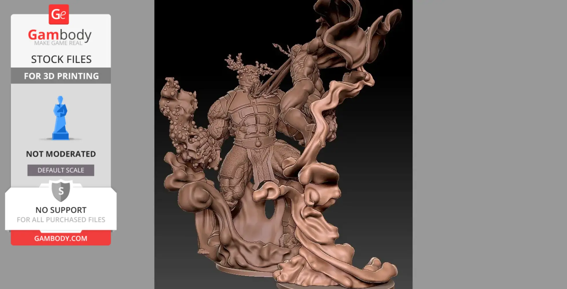 Dynamic 3D model of two characters in battle, featuring swirling textures and dramatic poses.