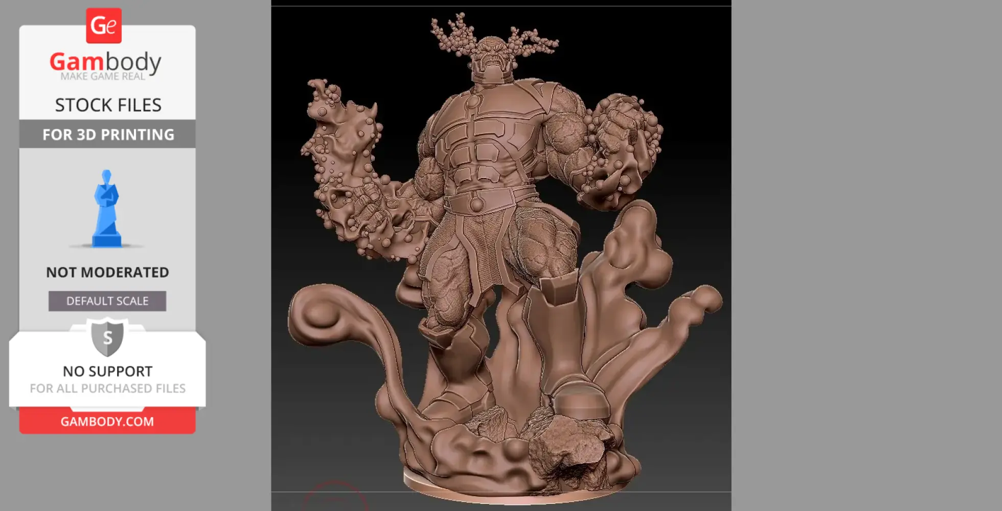 A muscular superhero figure poised on a dynamic, swirling base with raised fists.