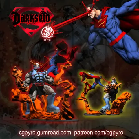 Superman clashing with Darkseid in a dynamic 3D model scene with vibrant action poses.