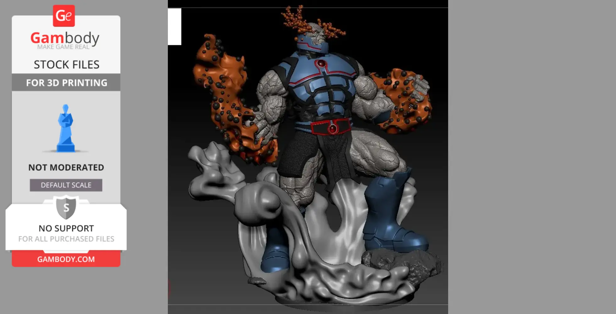 A muscular figure stands on rocky terrain, wearing blue armor and boots, with glowing orange energy effects.