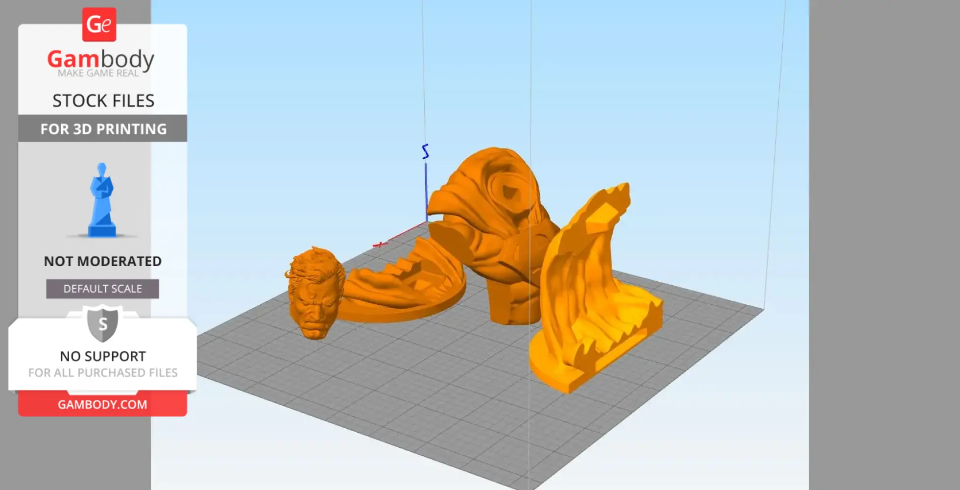Orange 3D model parts of two characters with a rocky base on a digital grid for 3D printing.