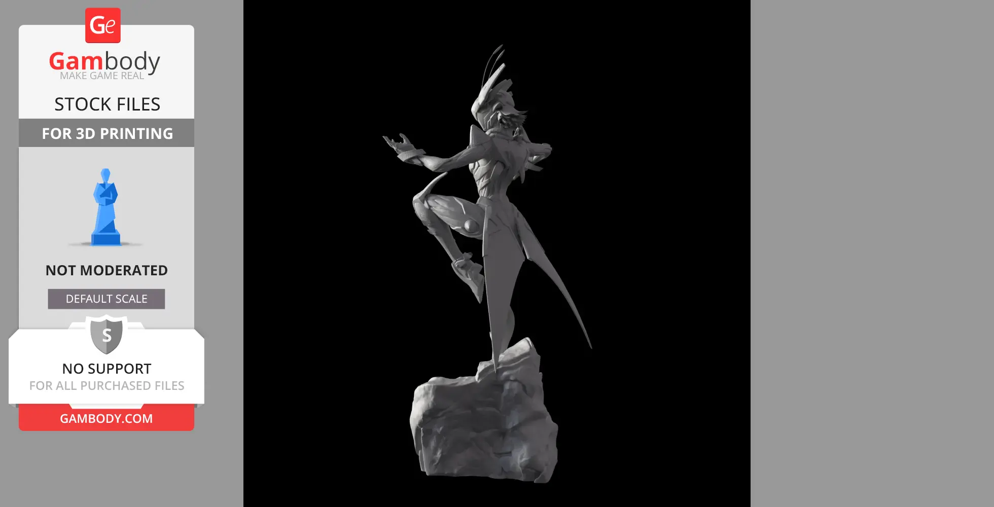 Alien-like figure with wings poses dynamically on a rock, inspired by sci-fi themes, for 3D printing.