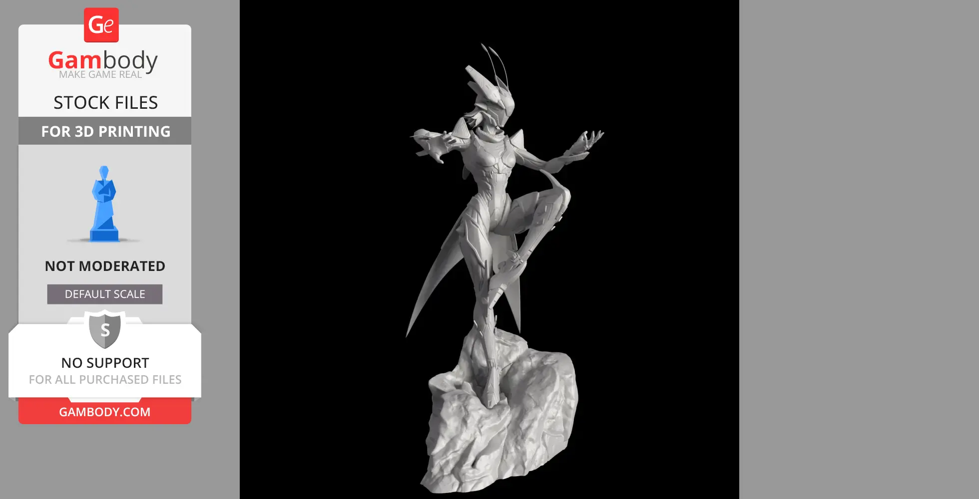 Futuristic armored figure with insect-like features, posing dynamically on a rocky base.