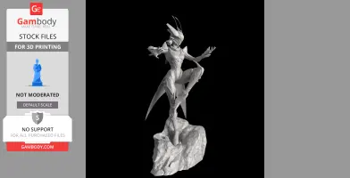 Futuristic armored figure with insect-like features, posing dynamically on a rocky base.