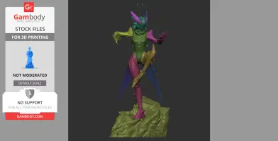 Colorful, insect-like humanoid figure with antennas and wings, posed dynamically on a textured base.