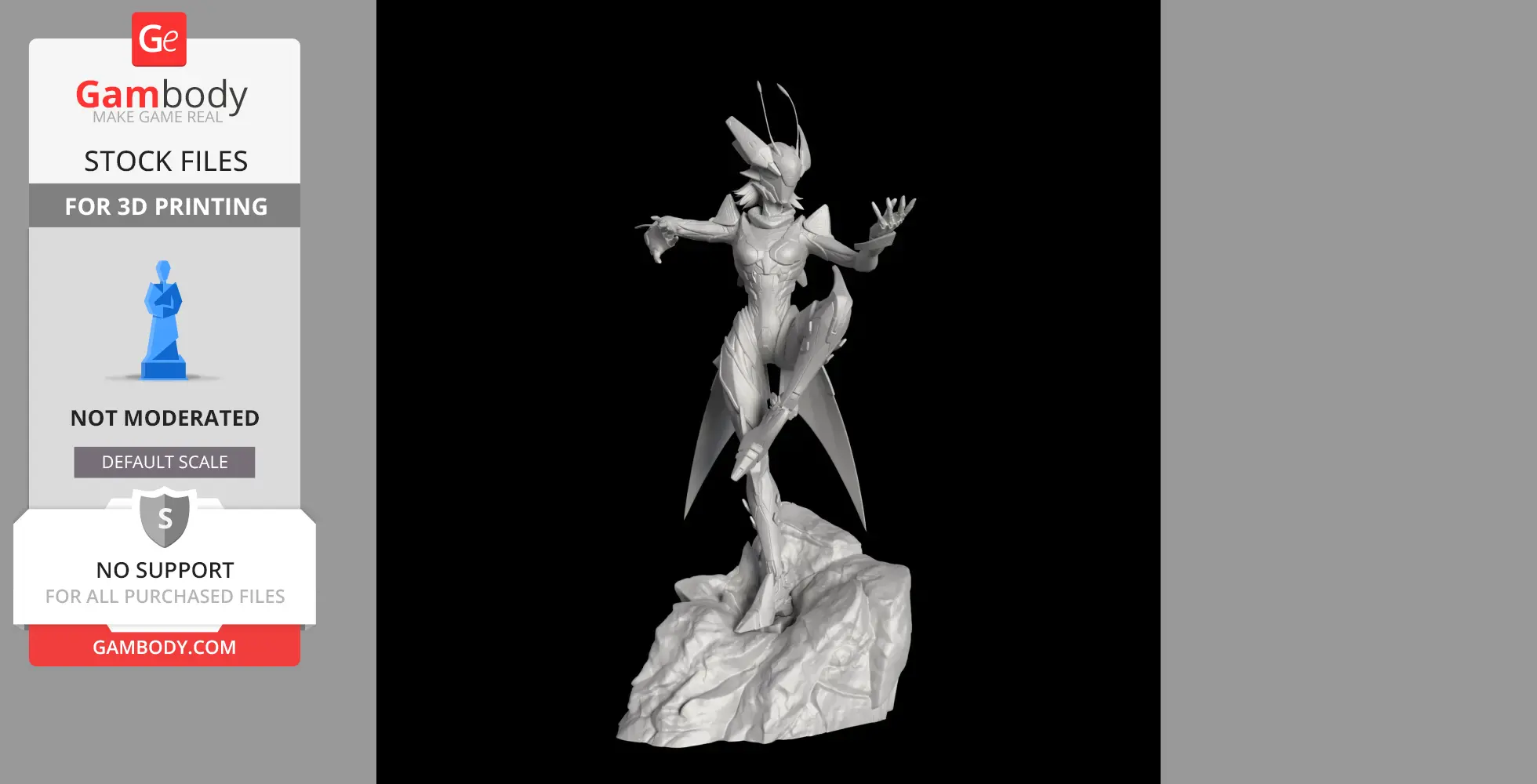 Insect-like humanoid figure with wings, standing on rocky base, in a dynamic pose for 3D printing.