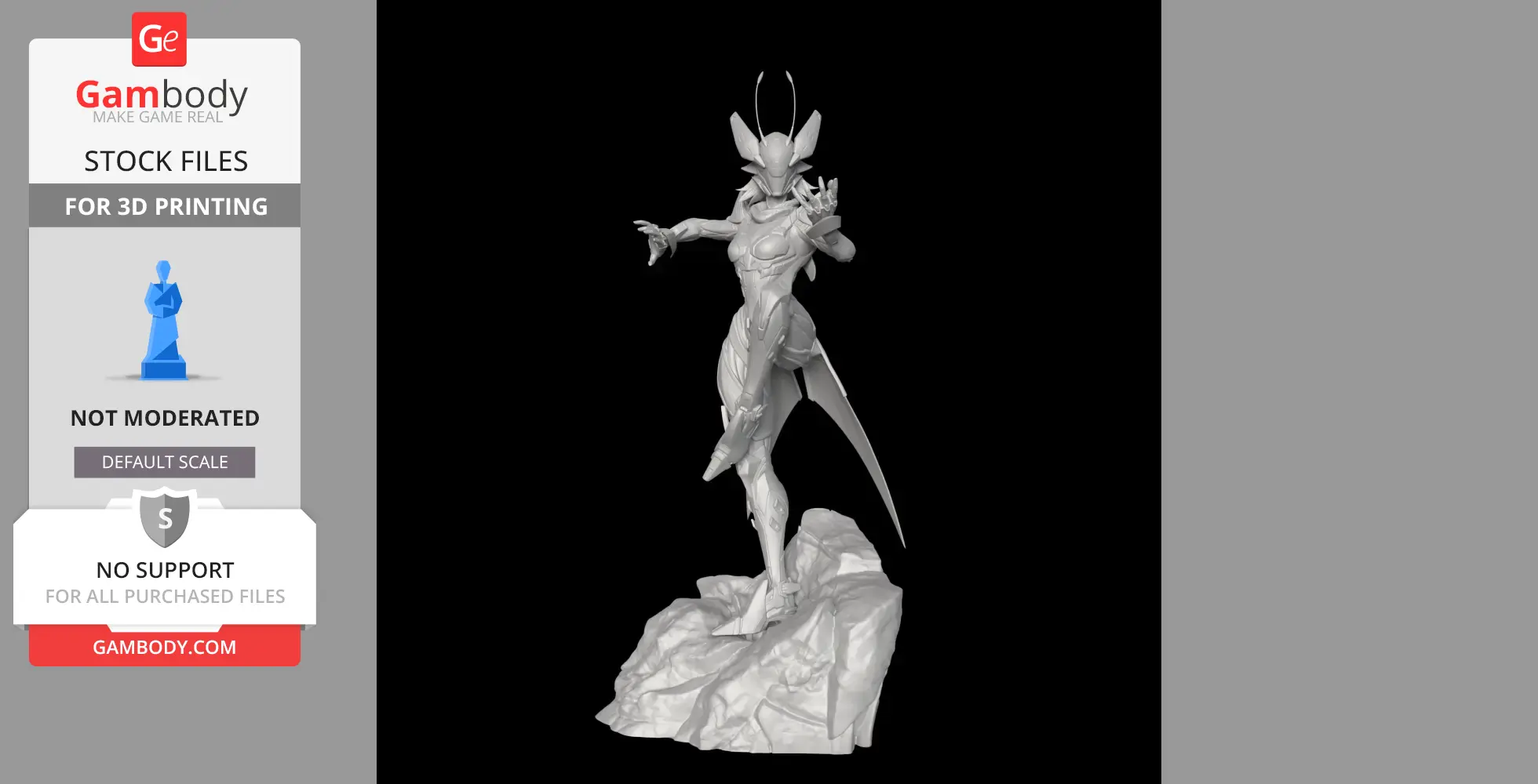 A detailed 3D model of a humanoid figure with insect-like features and dynamic pose, standing on a rocky base.