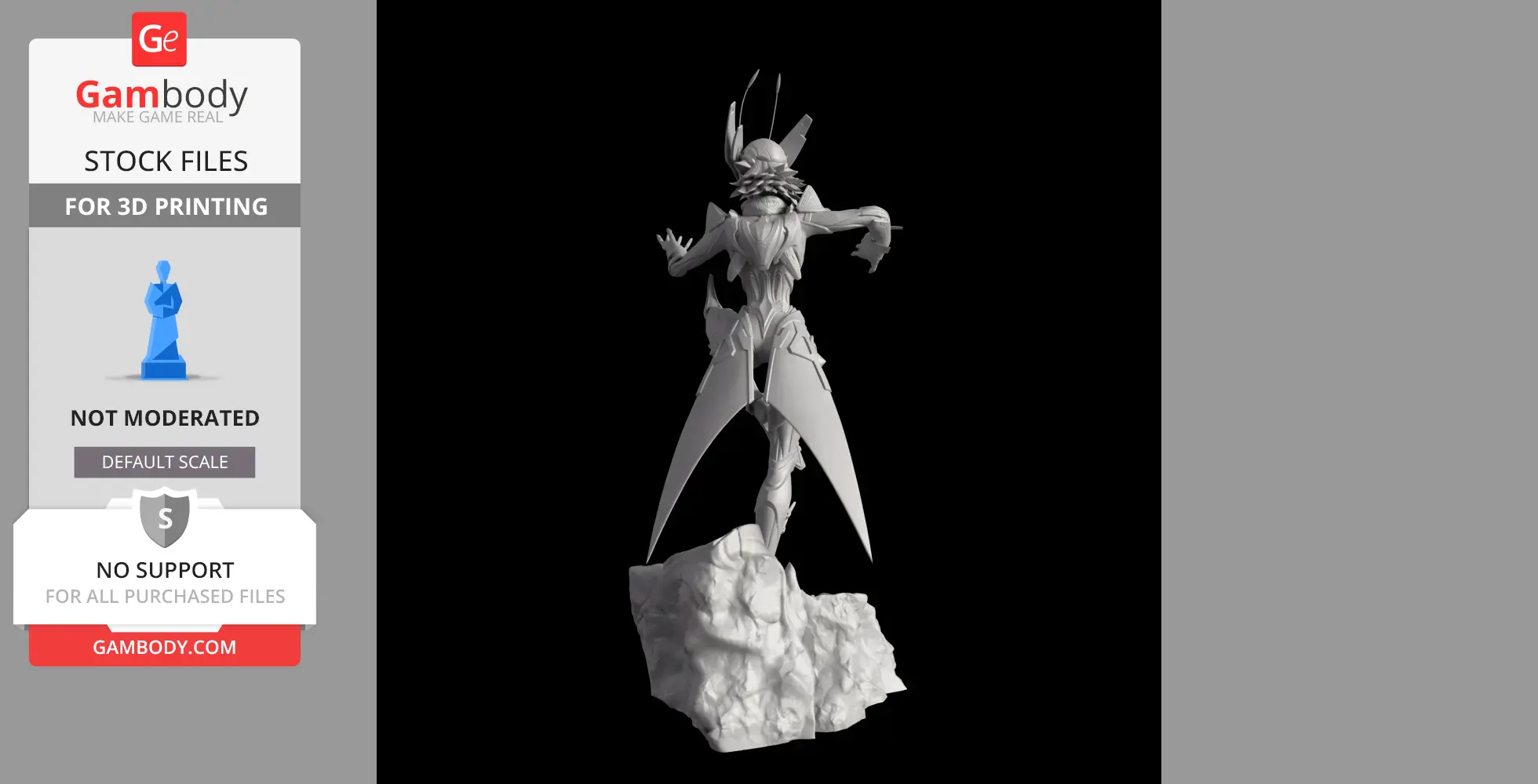 Futuristic humanoid figure with insect-like wings on rocky base, inspired by a sci-fi theme.