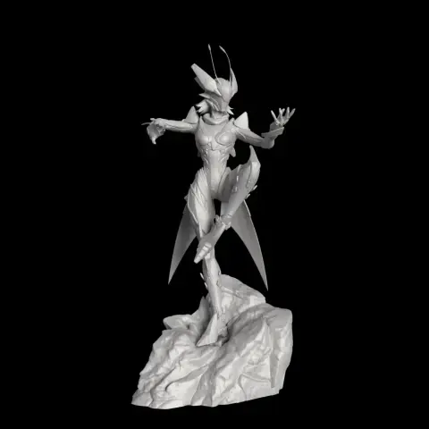 A futuristic humanoid mantis figure posed dynamically on a rocky base.
