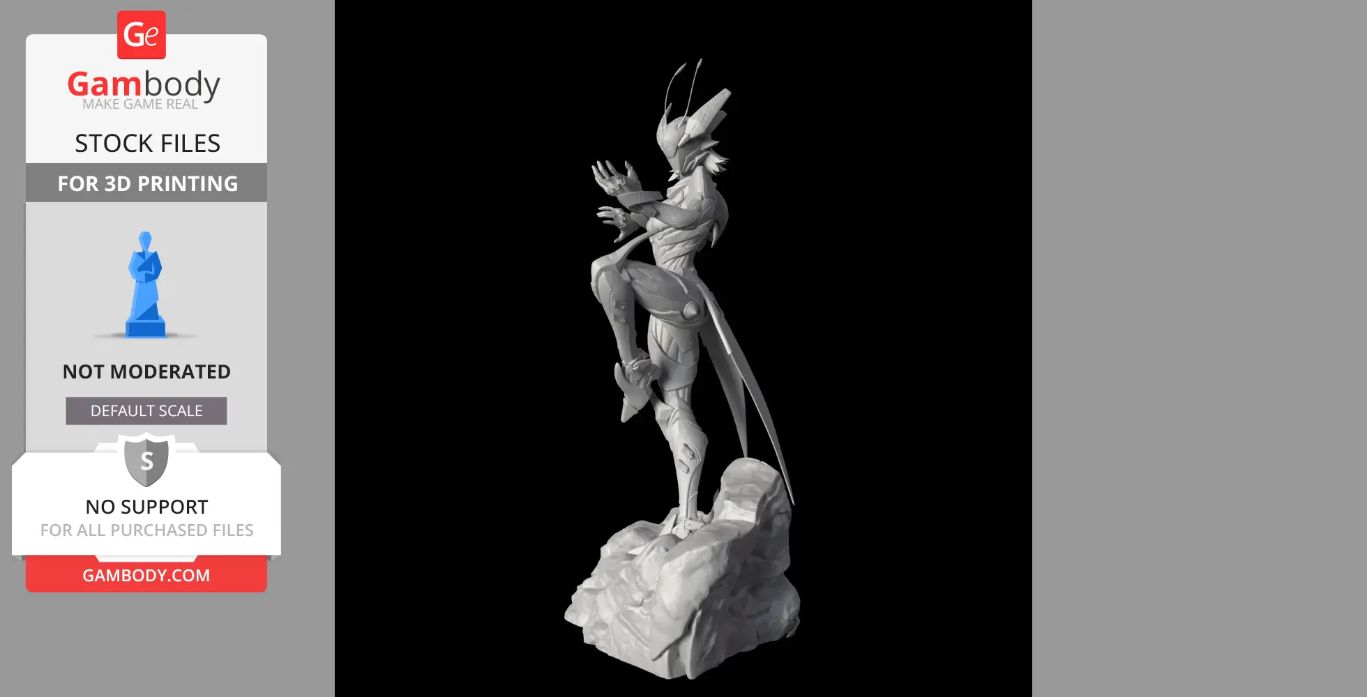 A detailed 3D model of a mantis-like character with a dynamic pose on a rocky base.