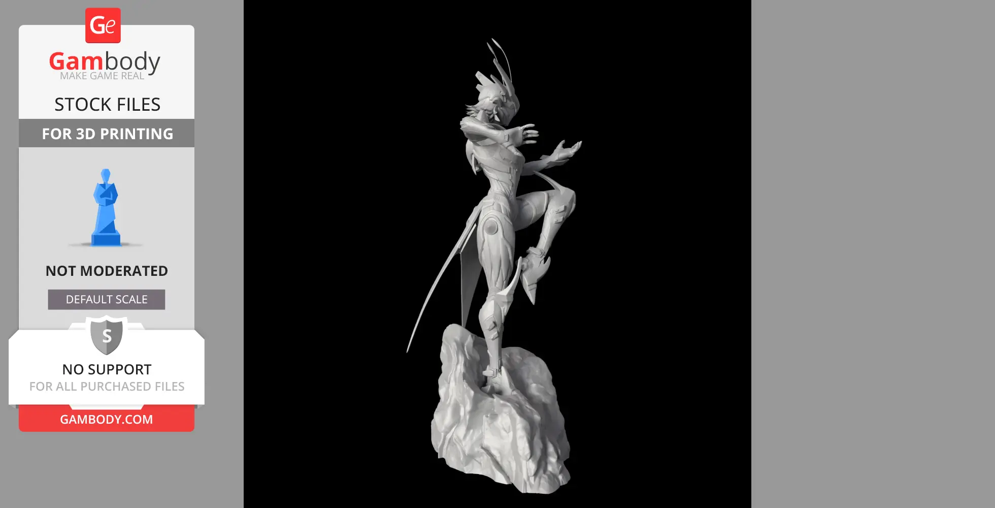 Futuristic figure with antennae, dynamic pose, standing on a rocky base, suited for 3D printing.
