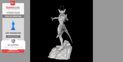 A detailed 3D model of a humanoid figure with insect-like features and dynamic pose, standing on a rocky base.