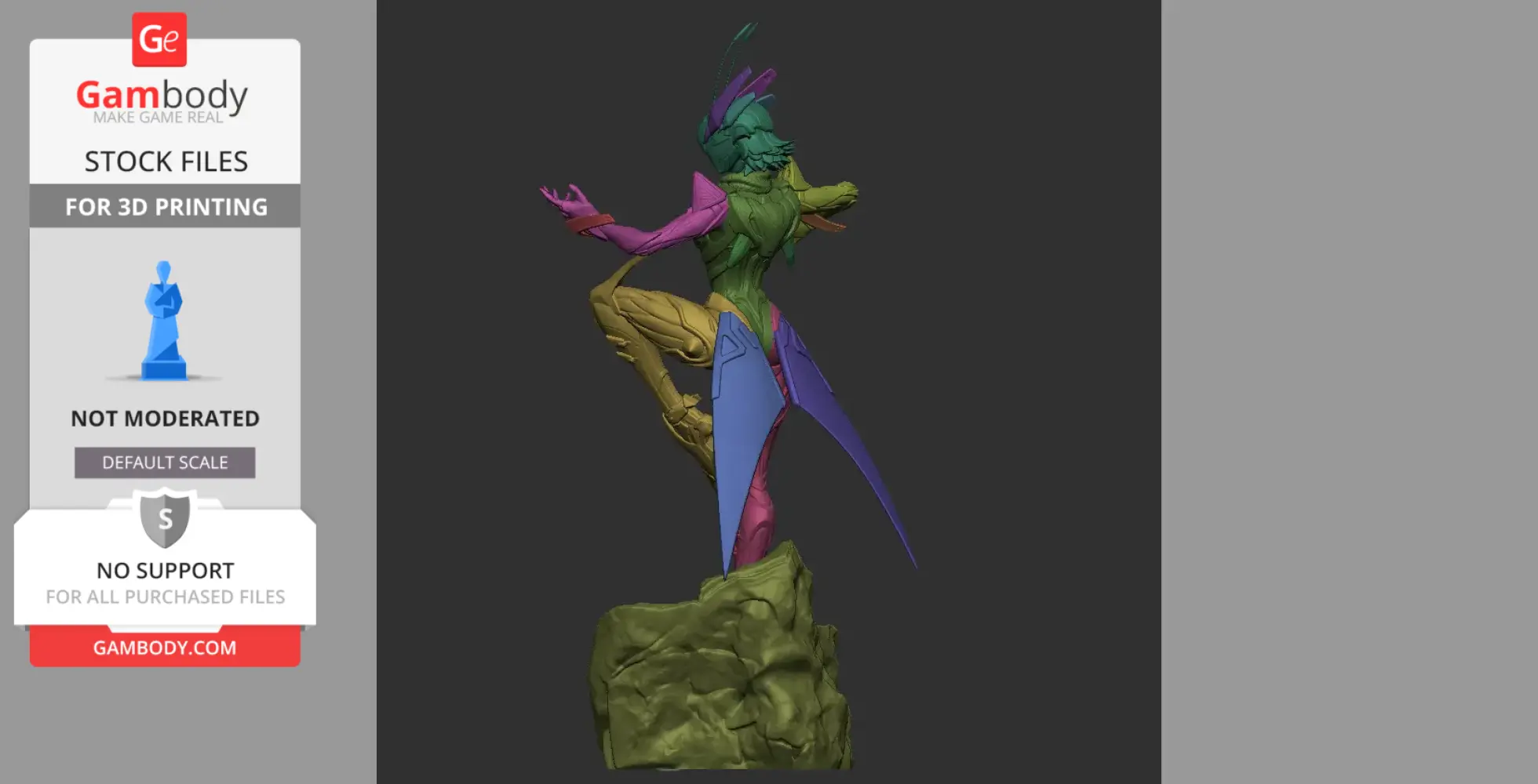 Colorful 3D model of a mantis-inspired character with galactic wings, posed on a rocky base.