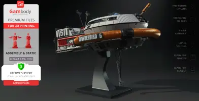 3D model of Thunderbird 5 on a stand, showcasing detailed features for printing.