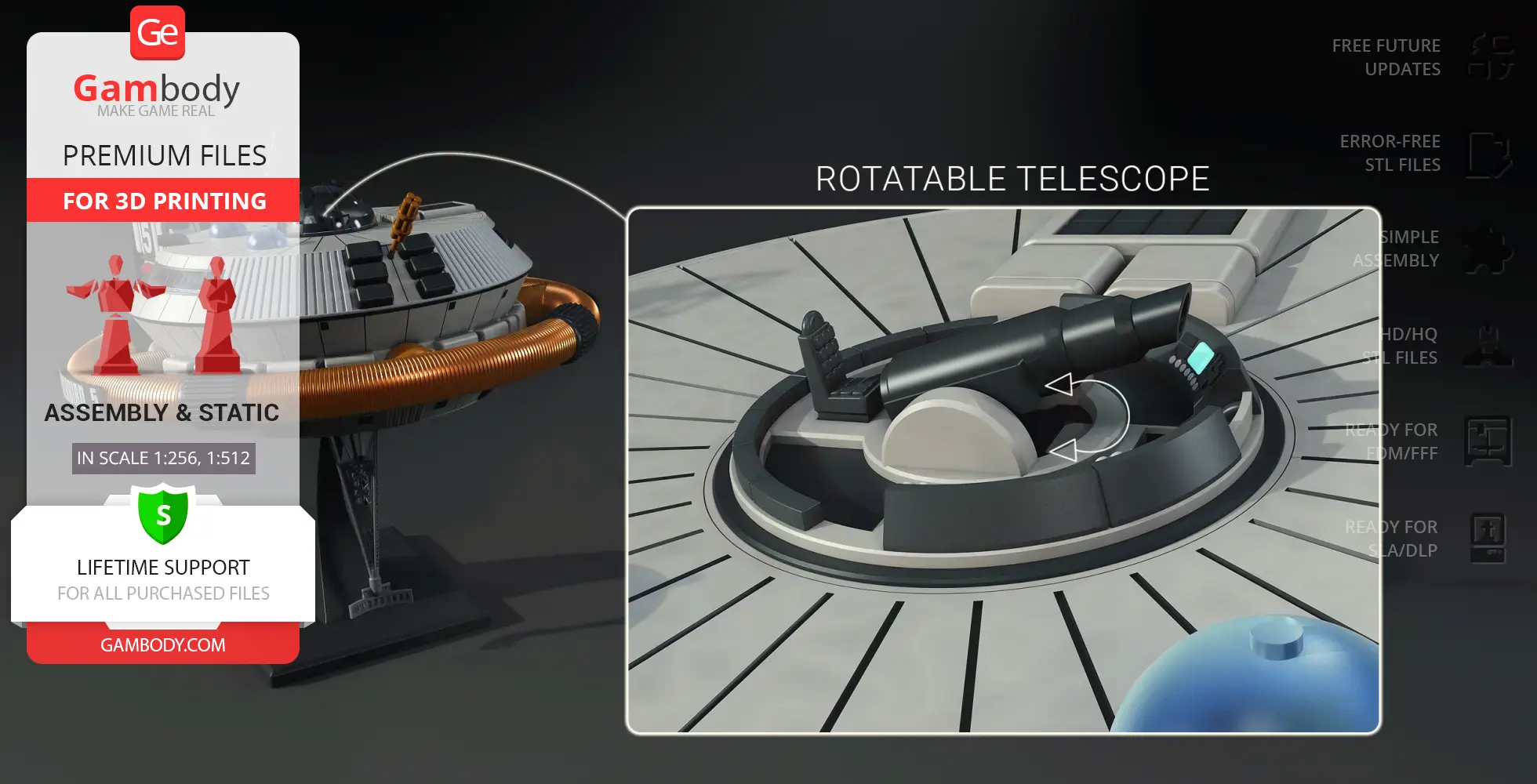 A detailed model of Thunderbird 5 for 3D printing, featuring a rotatable telescope specific.