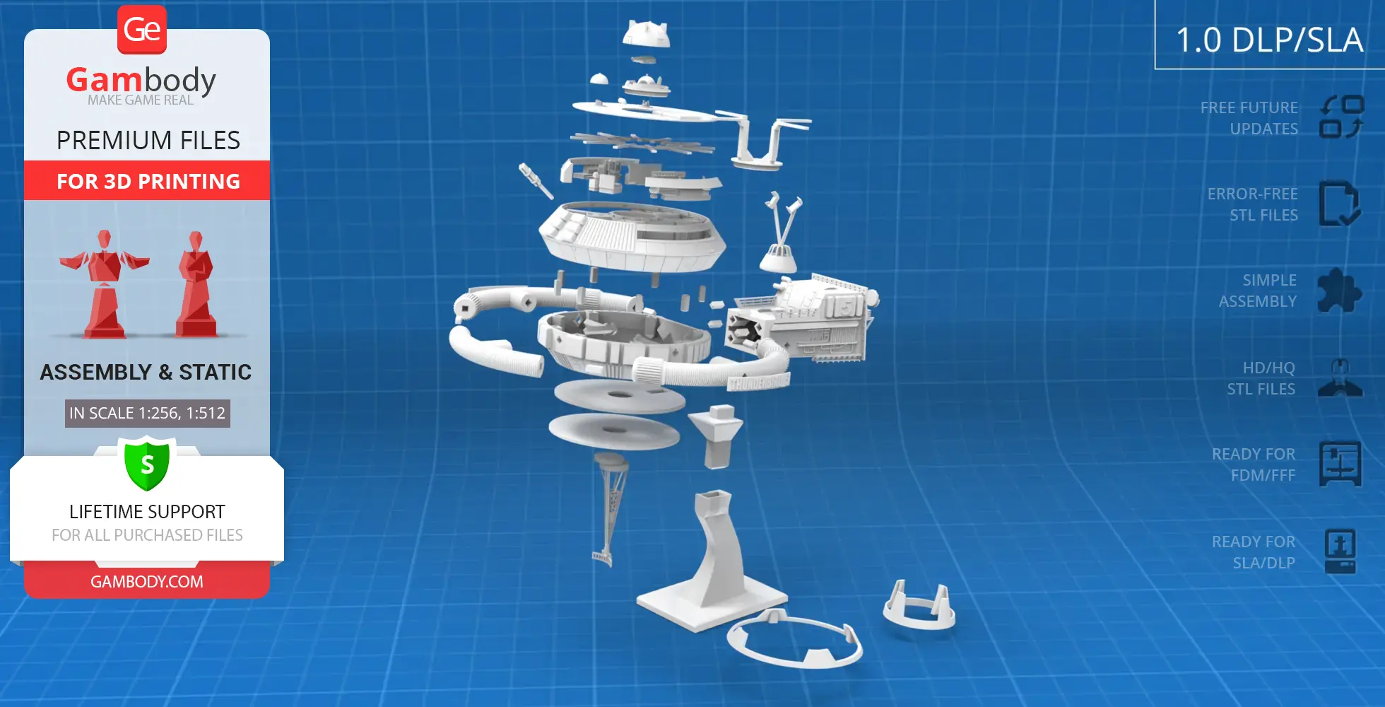 Exploded view of Thunderbird 5 3D model parts for printing, displayed on a blue grid background.
