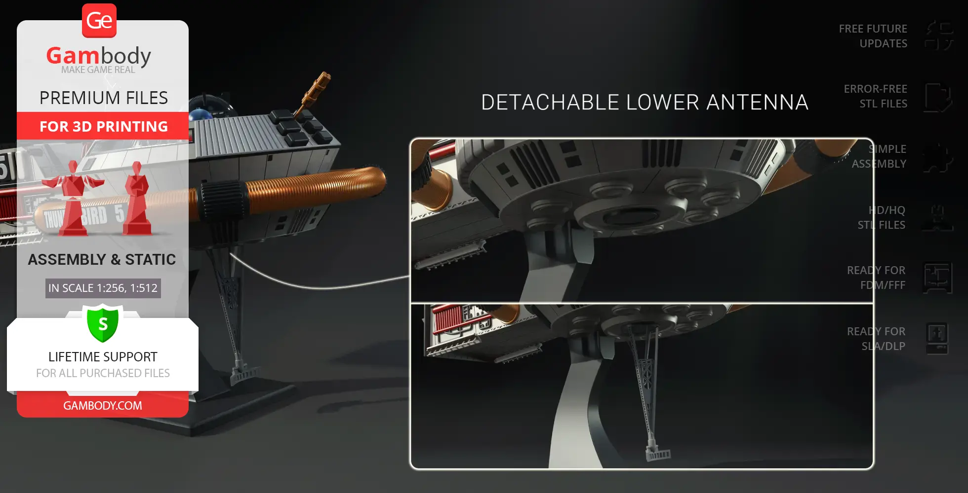 Futuristic space station model with a detachable lower antenna, ready for 3D printing.