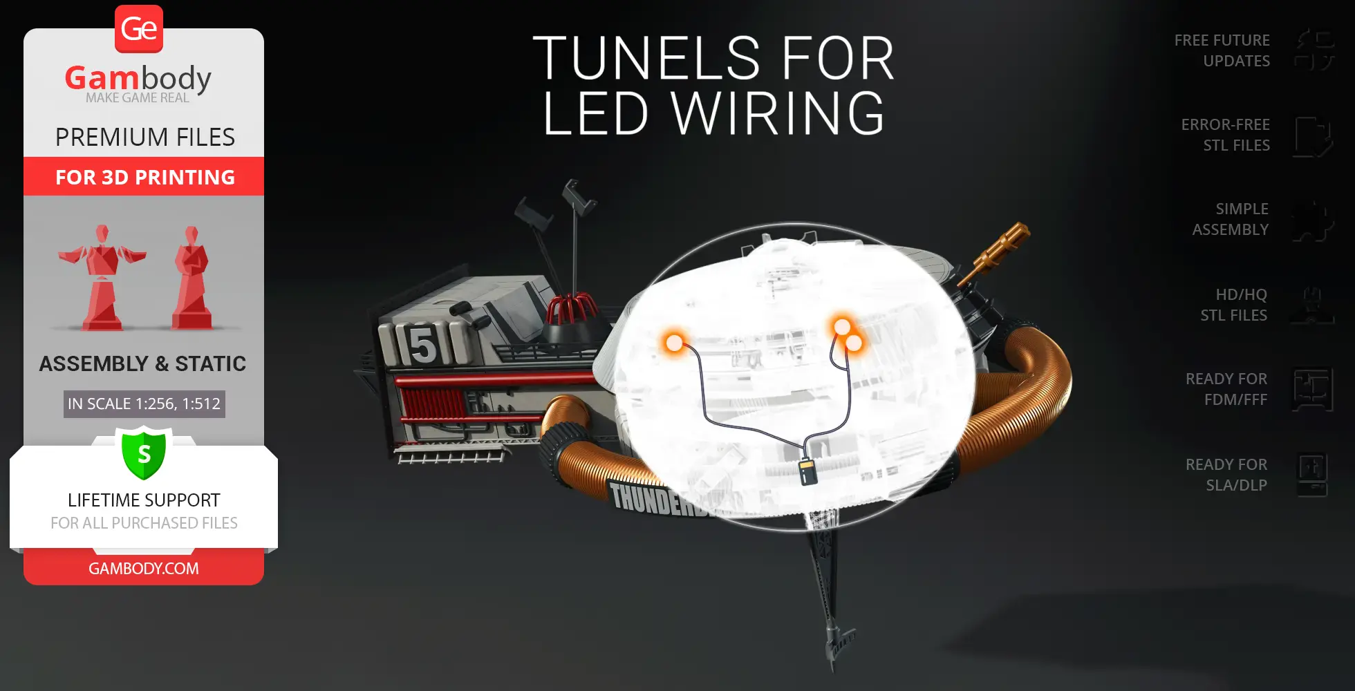 A detailed 3D model rendering of Thunderbird 5 with tunnels for LED wiring integration displayed.
