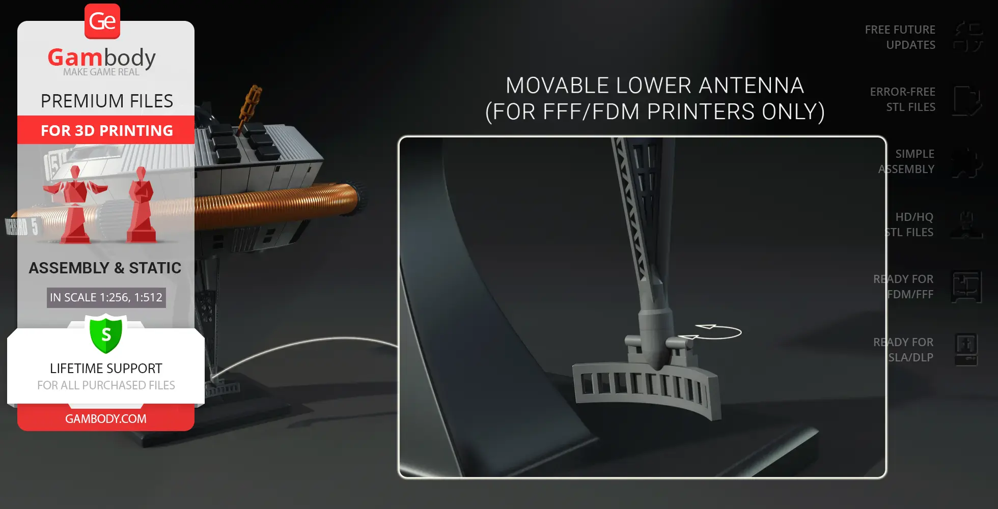 3D model of Thunderbird 5 with movable lower antenna, suitable for FFF/FDM printers.